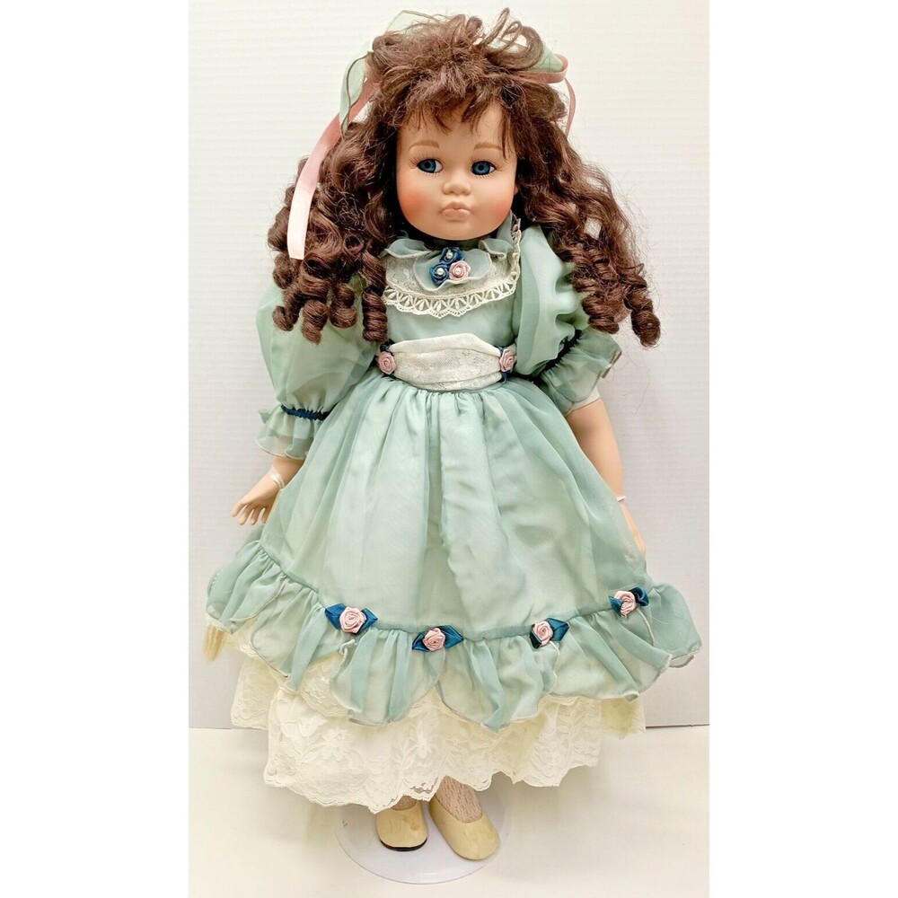 Vintage Porcelain Doll – Brunette Girl in Turquoise Dress – Collectible Ornament